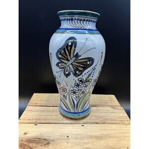 ERANDI Tonala Vase Butterfly Flowers 11.5 ins Signed ~ Lead Free ~ Scarce Find